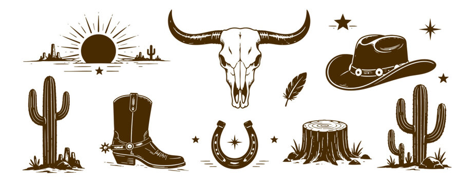 Vintage Longhorn skull western icons ink sketch vector illustration