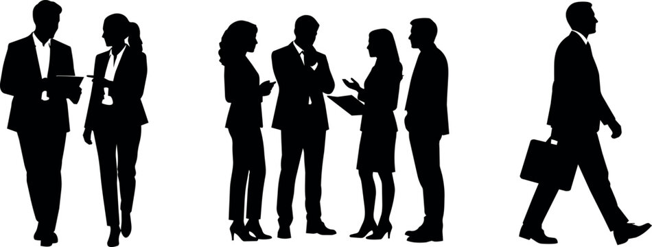 Diverse business professionals in silhouette interacting and walking