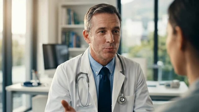 Middle-aged professional male doctor consulting and giving medical advice to a patient in a modern hospital clinic office
