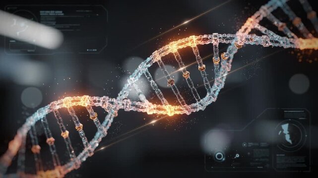 Futuristic glowing DNA strand rotating slowly with digital data overlays and advanced technology visuals