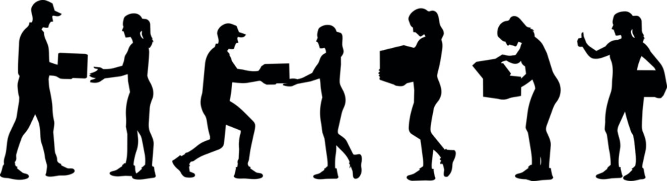 Delivery personnel and recipients interacting with packages in silhouette