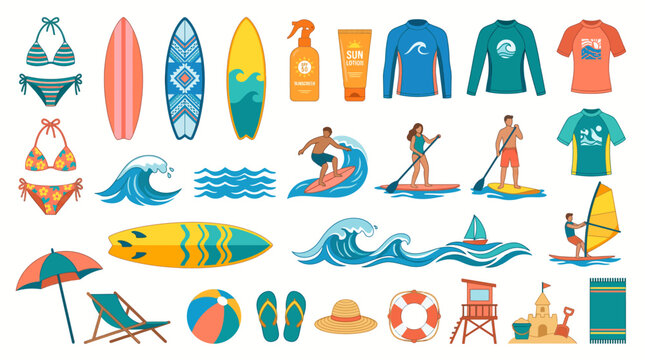 Vector beach activities and water sports illustrations set including surfboards swimwear and people surfing