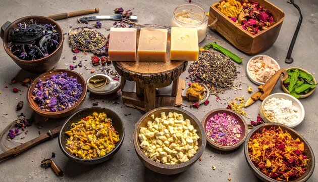 Three pastel colored handmade soaps with assorted dried botanicals and ingredients