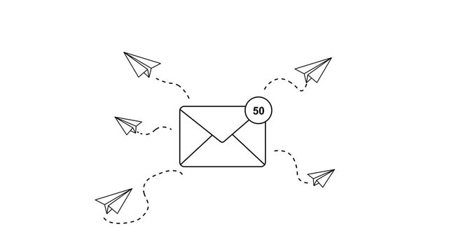 Outline Email Envelope With Message Counter Notification Surrounded By Flying Paper Airplanes And Dashed Flight Paths. Email Marketing, Newsletter, Receive Message or Delivery