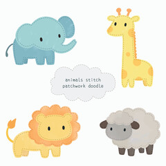 Obraz premium Cute hand drawn watercolor baby animals patch doodle hand drawn illustration stitch plushies clipart vector collection set for children