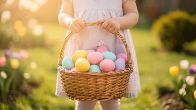A child holding a wicker basket filled with colorful pastel Easter eggs in bright sunlight outdoors