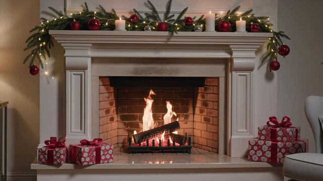 Burning fire in a classic white fireplace decorated with evergreen garland and red ornaments, wrapped gift boxes on hearth for Christmas home interior and holiday warmth