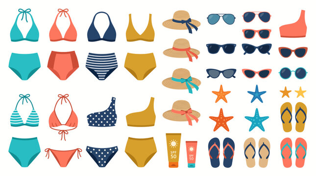 Vibrant Summer Beach Vacation Essentials Flat Lay Collection Showcasing Stylish Swimwear, Chic Sun Hats, Trendy Sunglasses, and Fun Flip-Flops