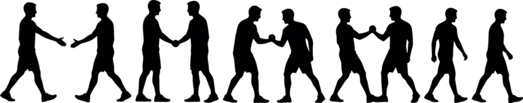 Silhouettes of men shaking hands and walking in sequence