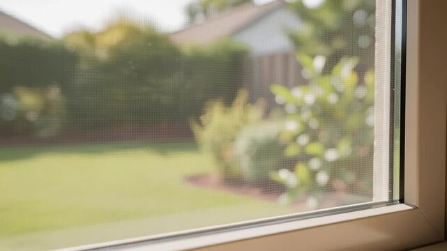 Gentle breeze flowing through clean window screen softly rustling sunlight shining bright calm atmosphere