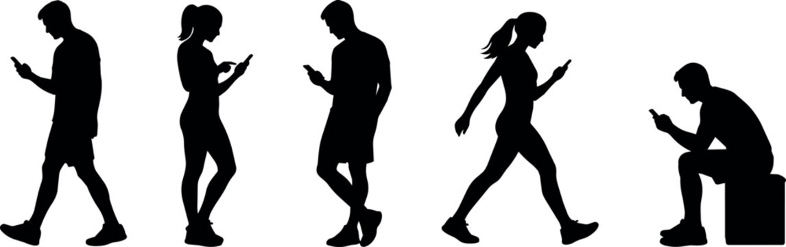 Diverse people in silhouette using smartphones in various poses and activities
