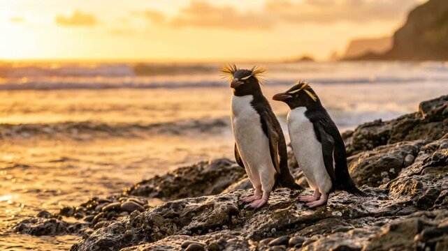 two crested penguins on south georgia island golden light close up video