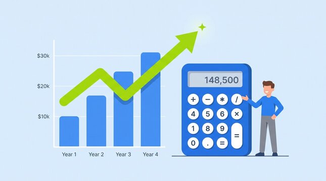 Financial growth illustration with calculator and bar graph vector graphic