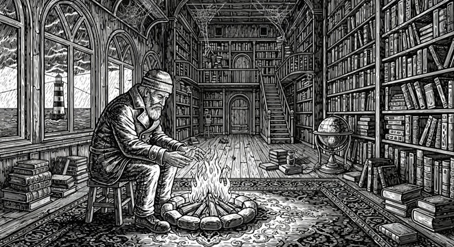 Elderly scholar reading ancient books in grand library.