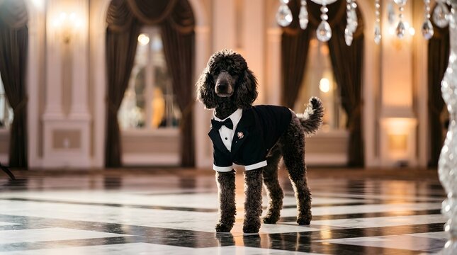 Fashionable poodle in tuxedo standing in luxury ballroom