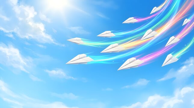 Paper Airplanes Flying Through Blue Sky
