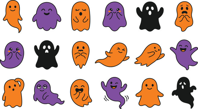 Halloween ghost emojis and stickers for kids cute cartoon ghosts for halloween decorations and party