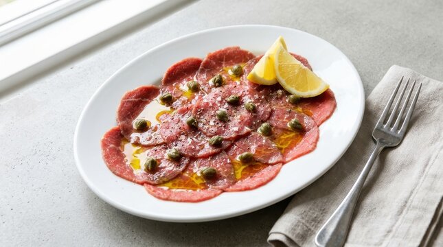 Fresh beef carpaccio with lemon and capers on a white plate