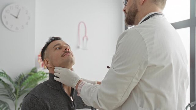 Man patient seated in sweater tilts head back while doctor checks throat and palpates neck with gloved hands in building clinic room; medical reassurance.