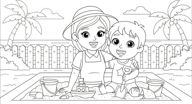Two children playing together in a sandbox drawing.