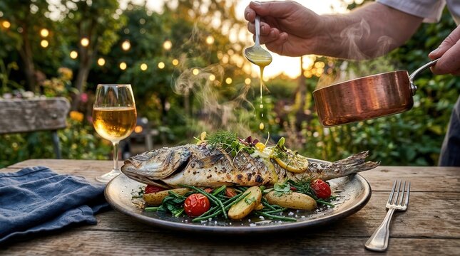 Grilled whole sea bass served on a rustic plate with roasted potatoes and fresh vegetables drizzled with golden lemon butter sauce by a skilled professional chef