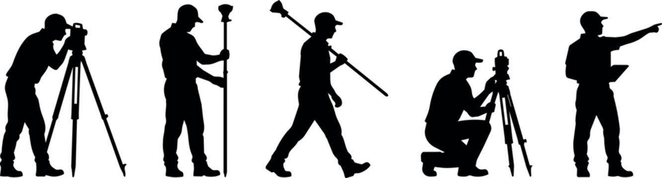 Surveyors in silhouette using equipment for land measurement and mapping