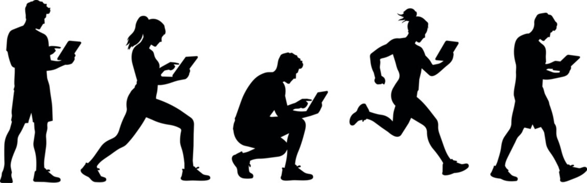 Diverse silhouettes of people using tablets in various active poses