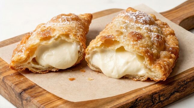 Fresh savory meat pies with melted cheese on a wooden board