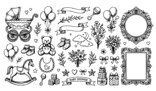 Vintage baby shower decorative vector illustration set