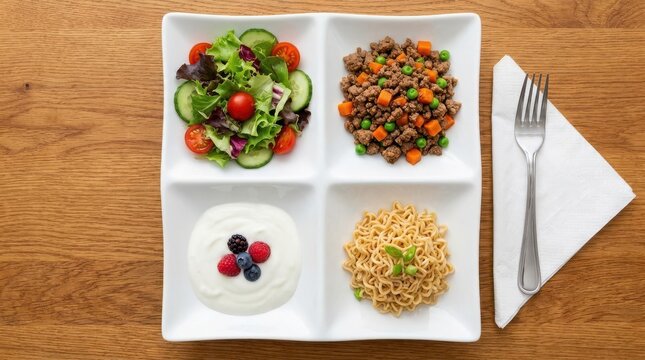 Healthy food portions on a divided plate with salad and meat