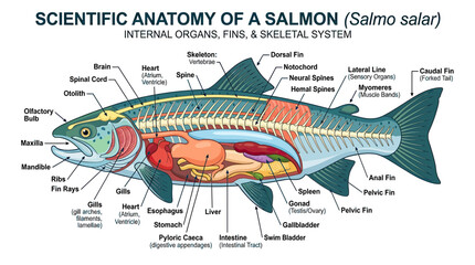Scientific Anatomy of a Salmon Fish: Internal Organs, Fins, Skeleton © rahma