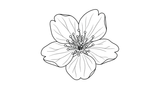 Detailed top view illustration of a single cherry blossom flower in black and white line art on white background.
