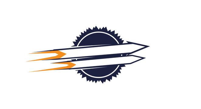 Dynamic dark blue circle emblem with two white rockets flying at high speed for technology and progress concepts.