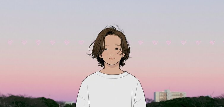 teenager character in white sweatshirt standing in front of golden hour horizon