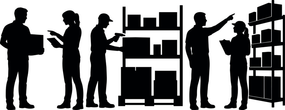 Warehouse workers collaborating and managing inventory with scanners and tablets