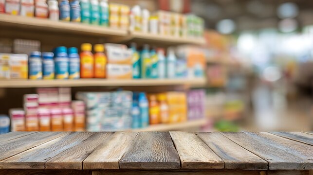 Empty wooden table with blurred pharmacy shelves background.