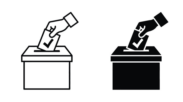 Hand voting ballot box, icon set with voting sign, election symbols, ballot paper, vote casting, polling box, mobile app and web design, isolated on transparent background