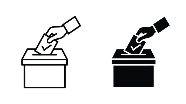Hand voting ballot box, icon set with voting sign, election symbols, ballot paper, vote casting, polling box, mobile app and web design, isolated on transparent background