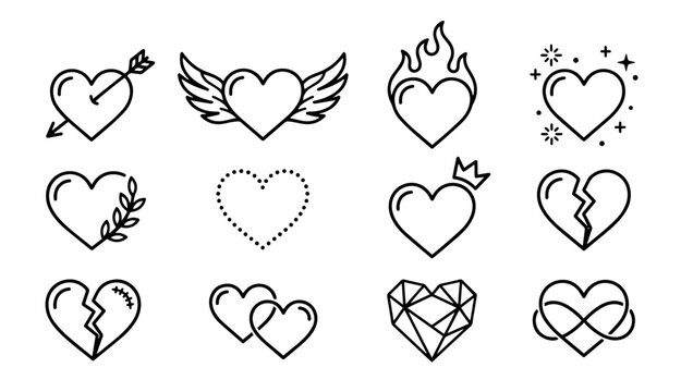 Heart shape icon set love and broken hearts line art outline vector