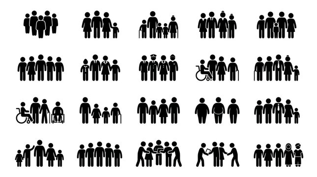Diverse group of people icons, representing different ages, family units, and abilities