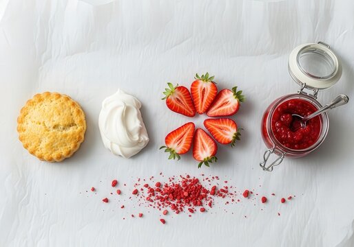 Golden baked scone served with fresh whipped cream and sliced red strawberries alongside a glass jar filled with sweet berry jam on white crinkled paper