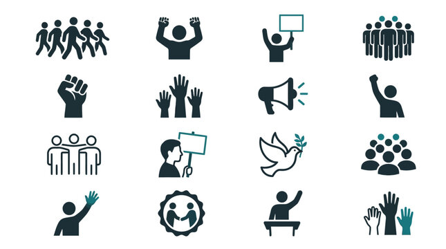 Protest Icons: Demonstration, Rally, Activism, Voting, Peace Symbols, Group of People