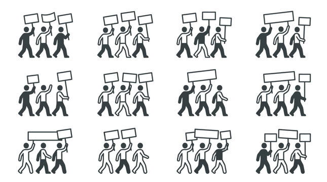 Protestors holding blank signs, demonstration icons, vector illustration