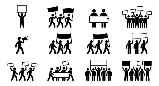 Protest Icons: People Marching with Signs, Banners, and Megaphone