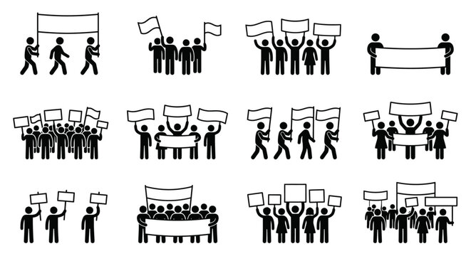 Protest crowd holding signs and banners, demonstration, activism, public gathering, political action