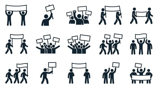 Protest Icons: People holding signs and banners, demonstrating, gathering, activism, demonstration, rally, protest