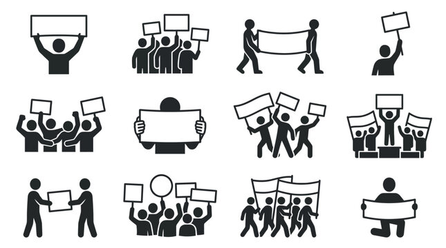 Protest Crowd Icons: People Holding Signs, Banners, and Placards for Demonstration