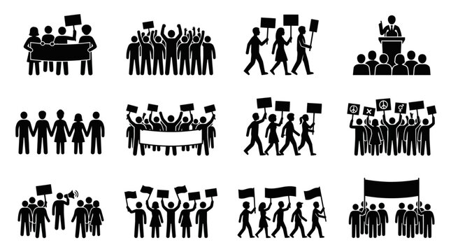 Protest and demonstration icons: people marching with signs and banners