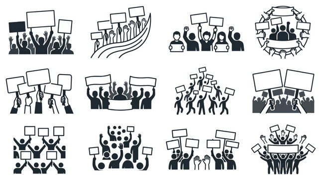 Protest crowd with signs and banners vector icons, demonstration, rally, social movement