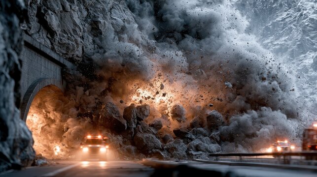 Dramatic rockfall blocking a mountain tunnel entrance